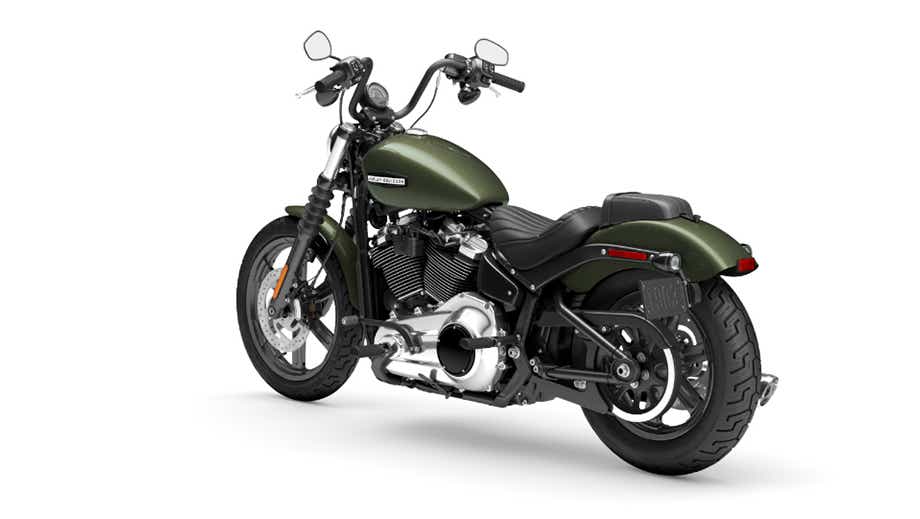 Rear three-quarter view of a Olive Steel Metallic Harley-Davidson Street Bob.