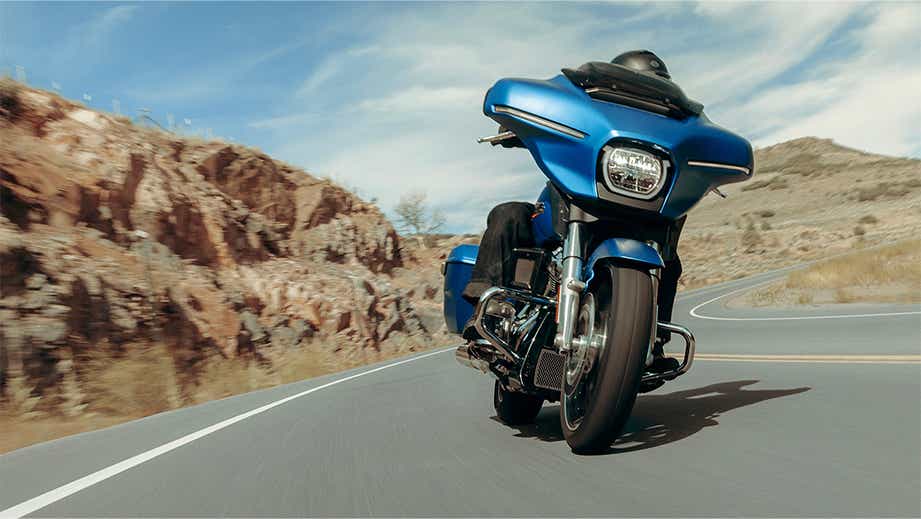 Front view of a aurora blue denim Harley-Davidson Street Glide