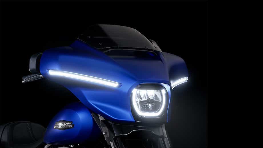 Front fairing and headlight of a aurora blue denim Harley-Davidson Street Glide