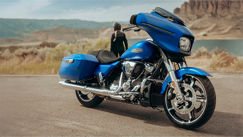Side view of a aurora blue denim Harley-Davidson Street Glide