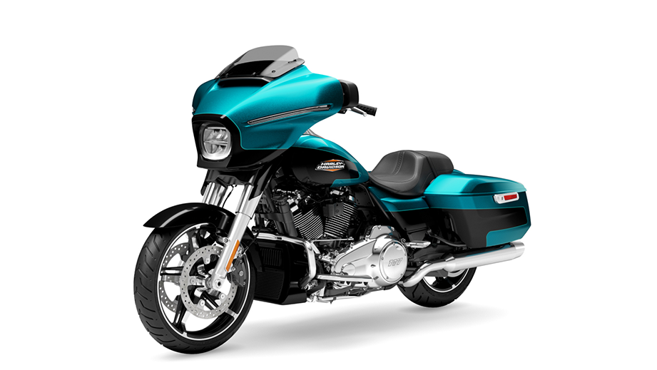 Front three-quarter view of a Teal Thunder Harley-Davidson Street Glide