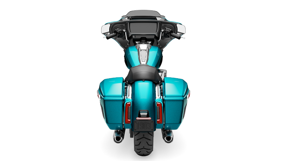 Rear view of a Teal Thunder Harley-Davidson Street Glide