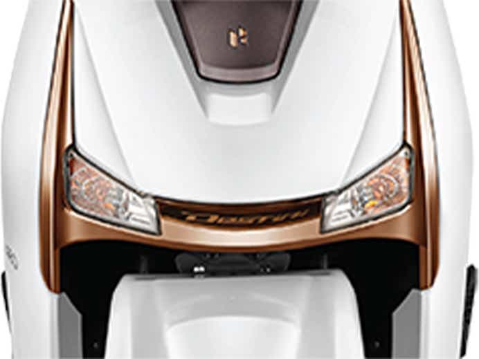 Front headlight view of a eternal white Hero Destini 125