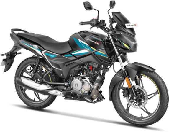 Front three-quarter of a black-teal-blue Hero Glamour X 125