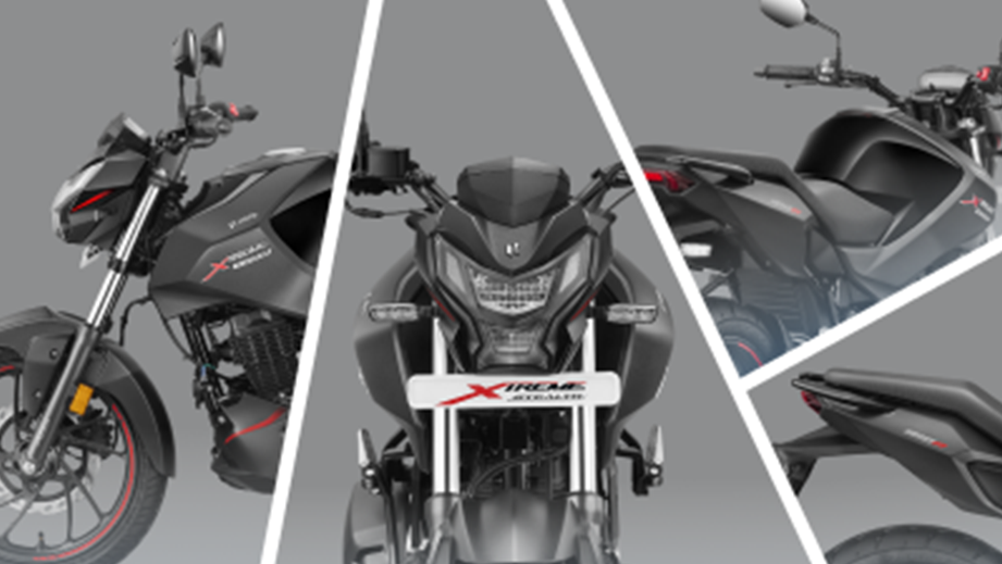 Multiple views of a stealth black Hero Xtreme 160R motorcycle