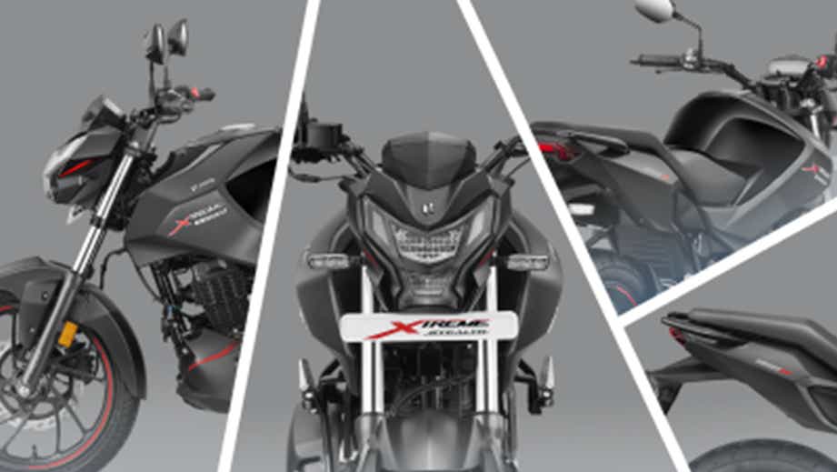 Multiple views of a stealth black Hero Xtreme 160R motorcycle