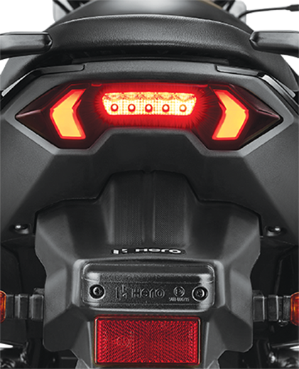 Tail light close-up of a stealth black hero xtreme 160r