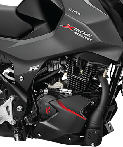 Engine and side profile of a stealth black Hero Xtreme 160R