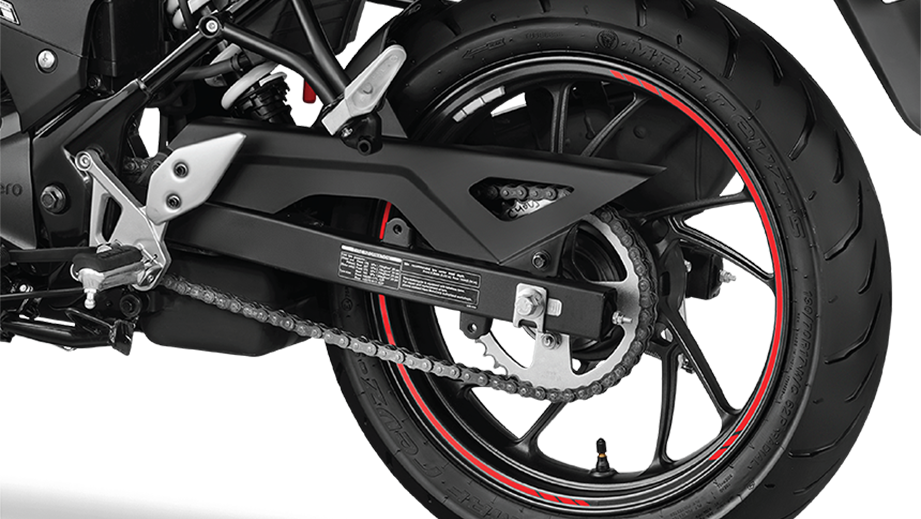 Rear wheel and chain view of a Stealth Black Hero Xtreme 160R
