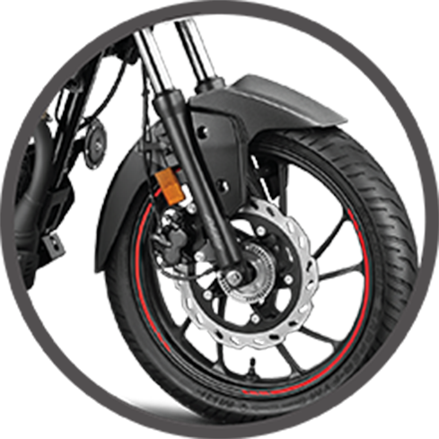 Front wheel close-up of a stealth black Hero Xtreme 160r