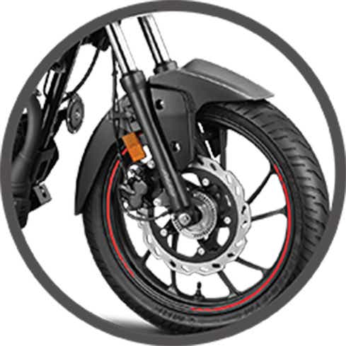 Front wheel close-up of a stealth black Hero Xtreme 160r