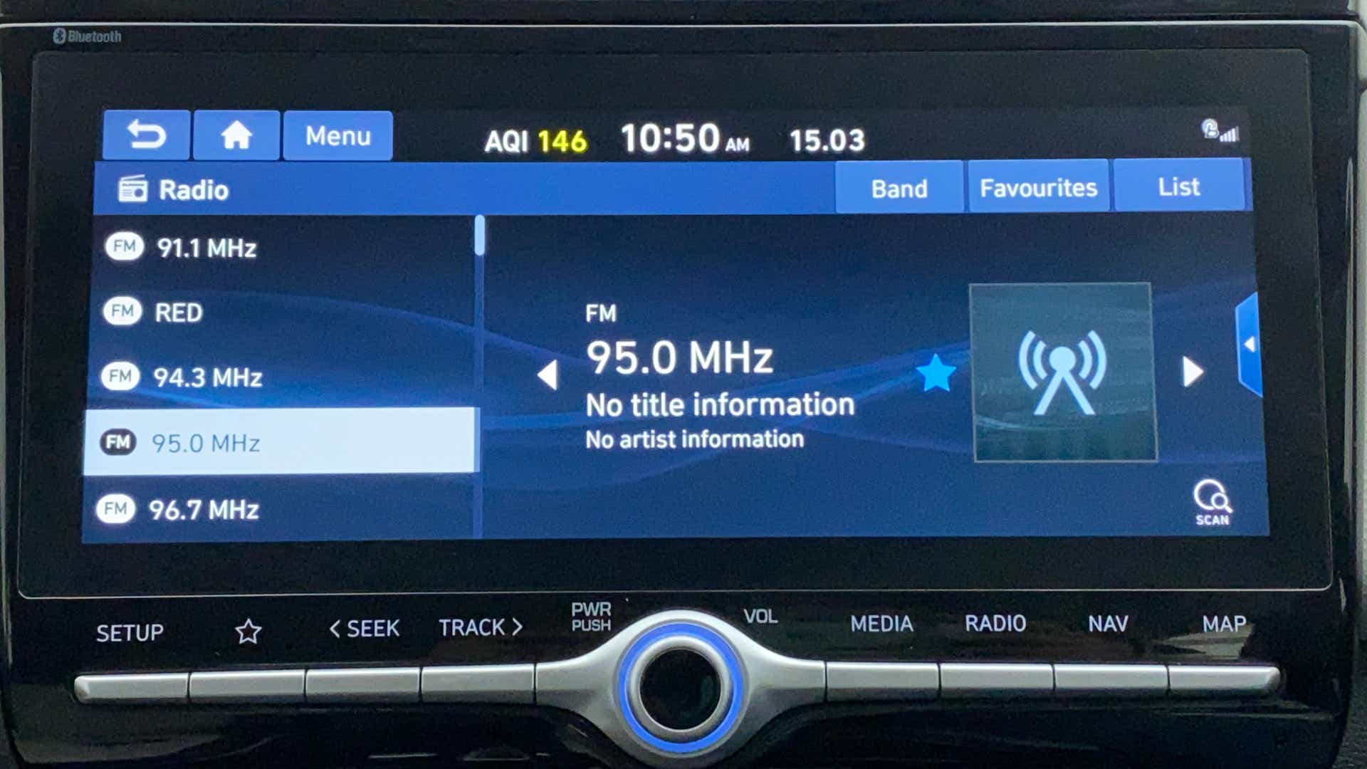 Car radio display showing infotainment system screen of a Hyundai Creta 2018-2023