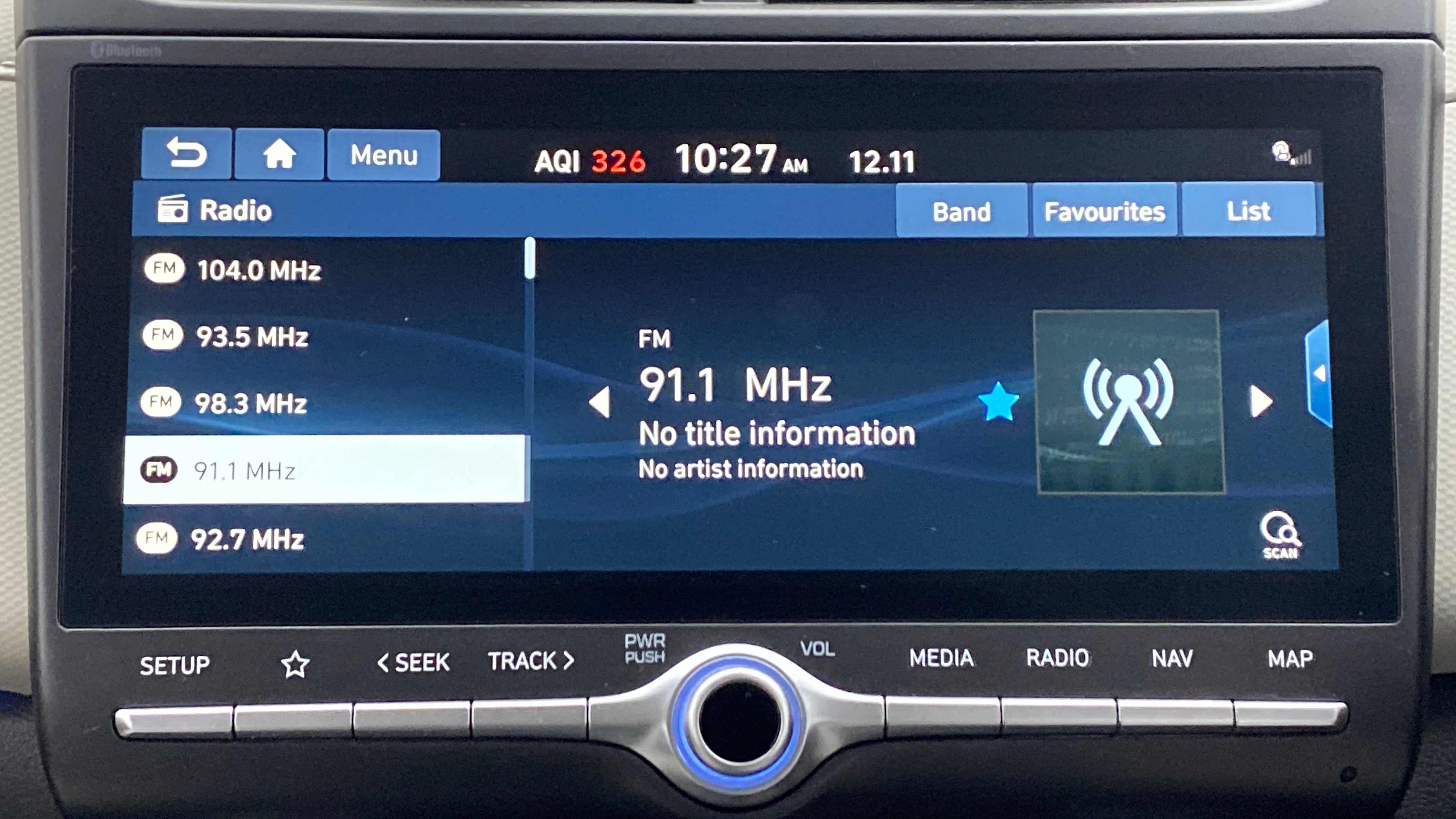 Car infotainment touchscreen showing radio menu of a Hyundai Creta 2018-2023
