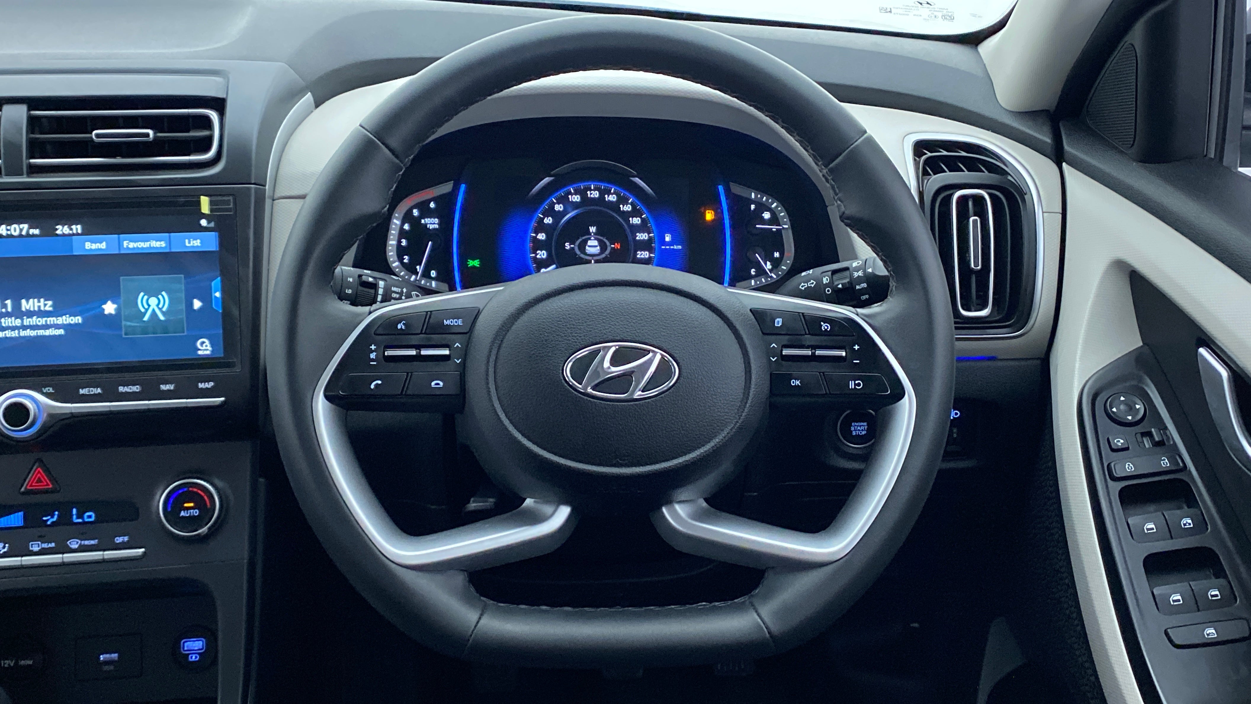 Interior dashboard and steering wheel of a Hyundai Creta 2018-2023