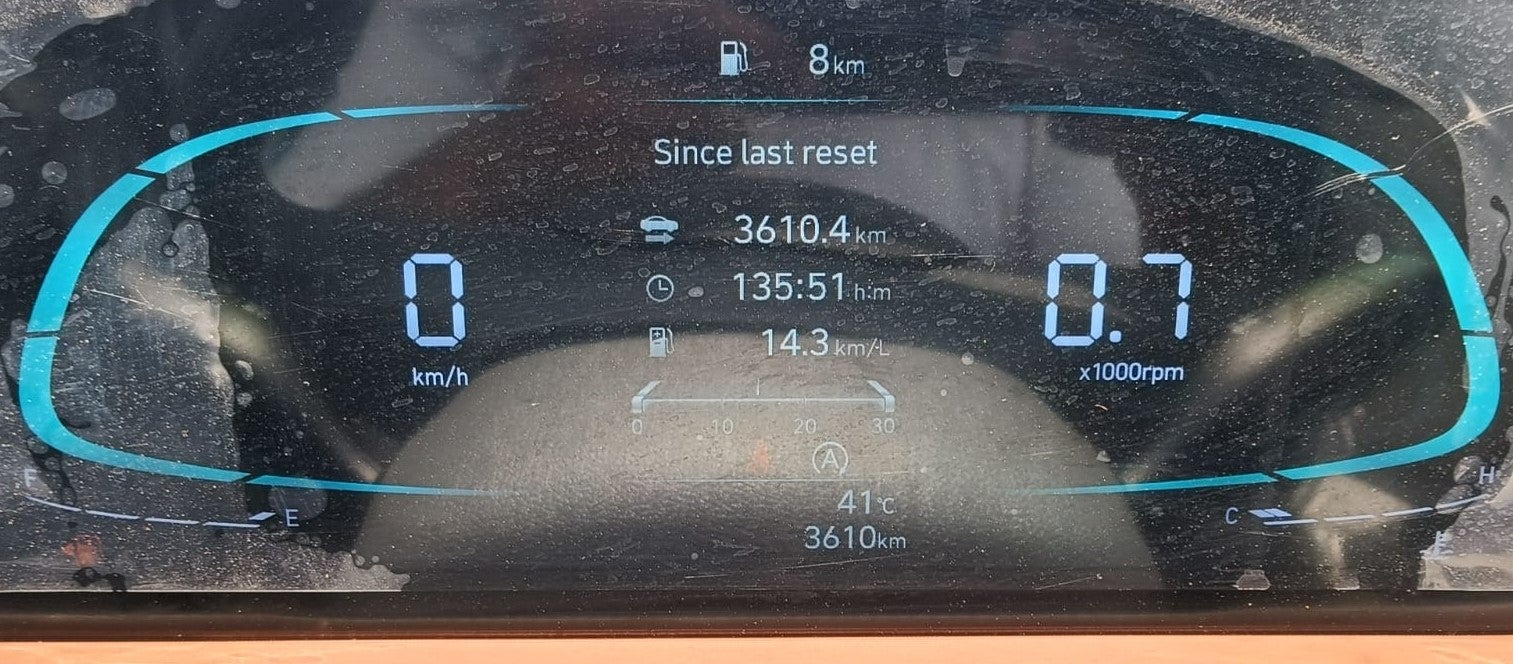 Digital instrument cluster of a Hyundai Creta displaying vehicle statistics