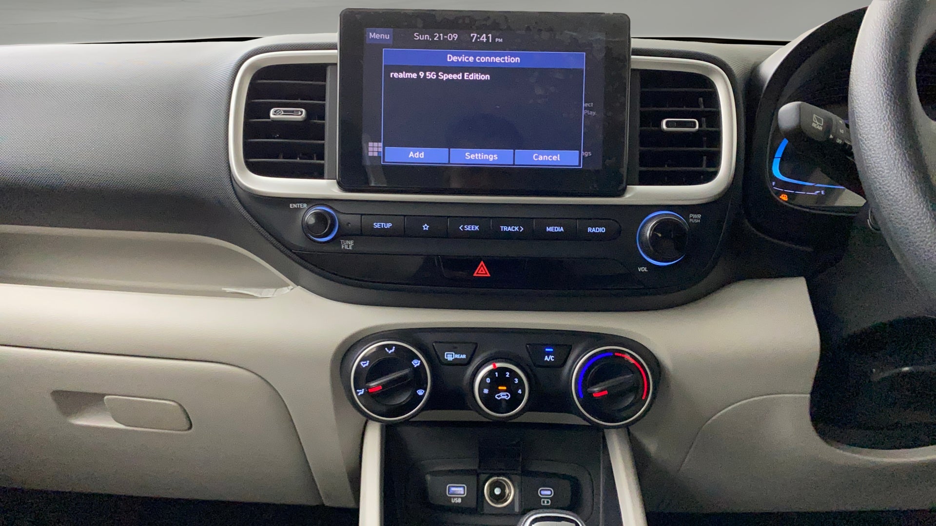 Dashboard and infotainment controls of a Hyundai Venue