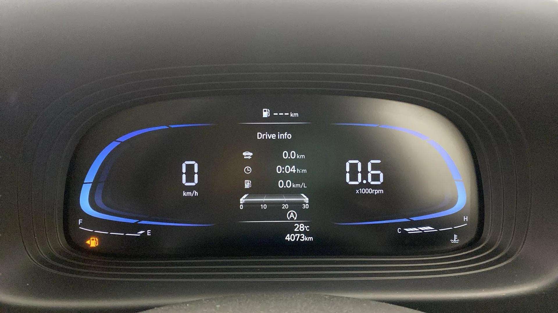 Instrument cluster of a Hyundai Venue displaying drive info and speedometer