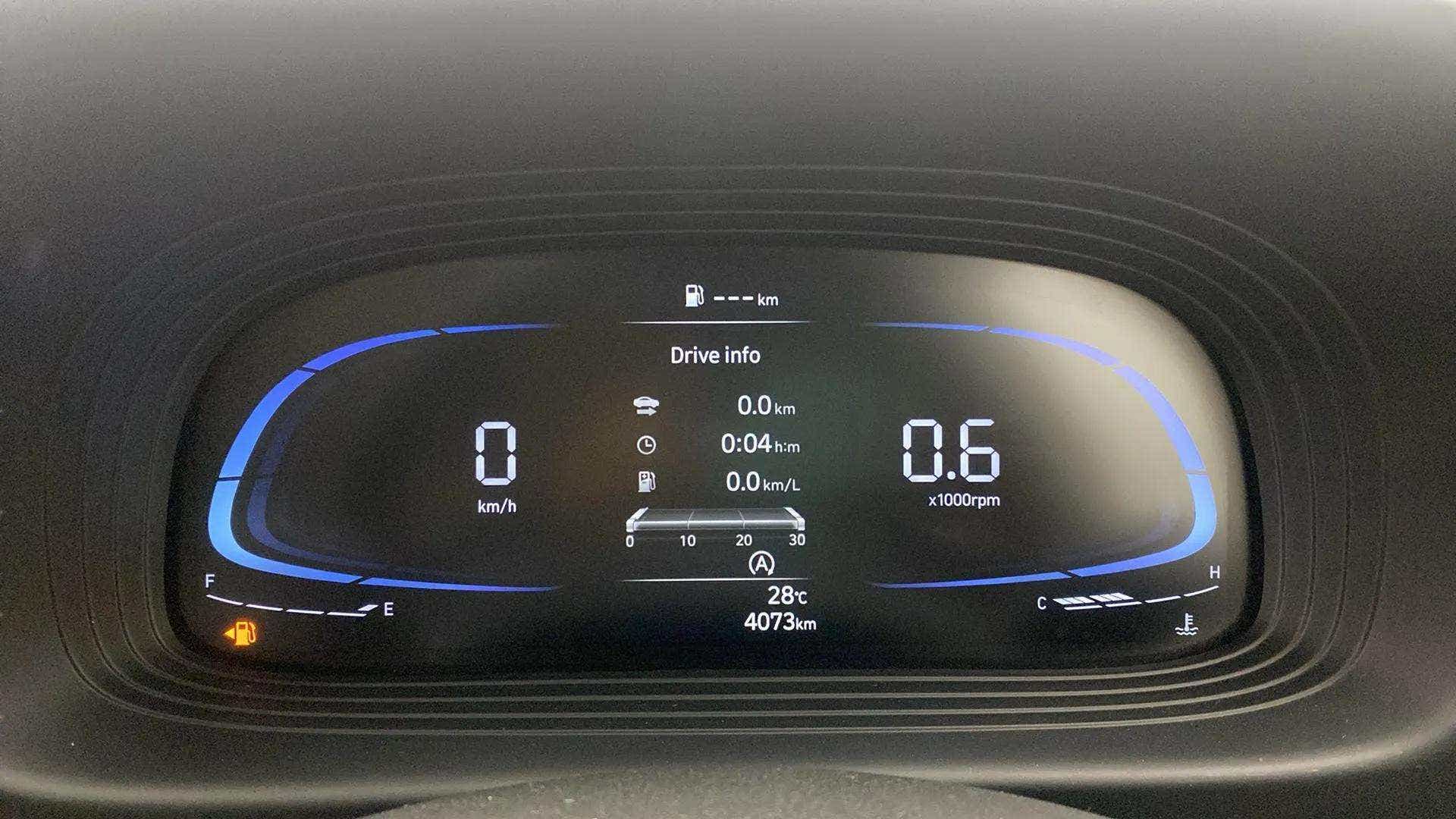Instrument cluster of a Hyundai Venue displaying drive info and speedometer