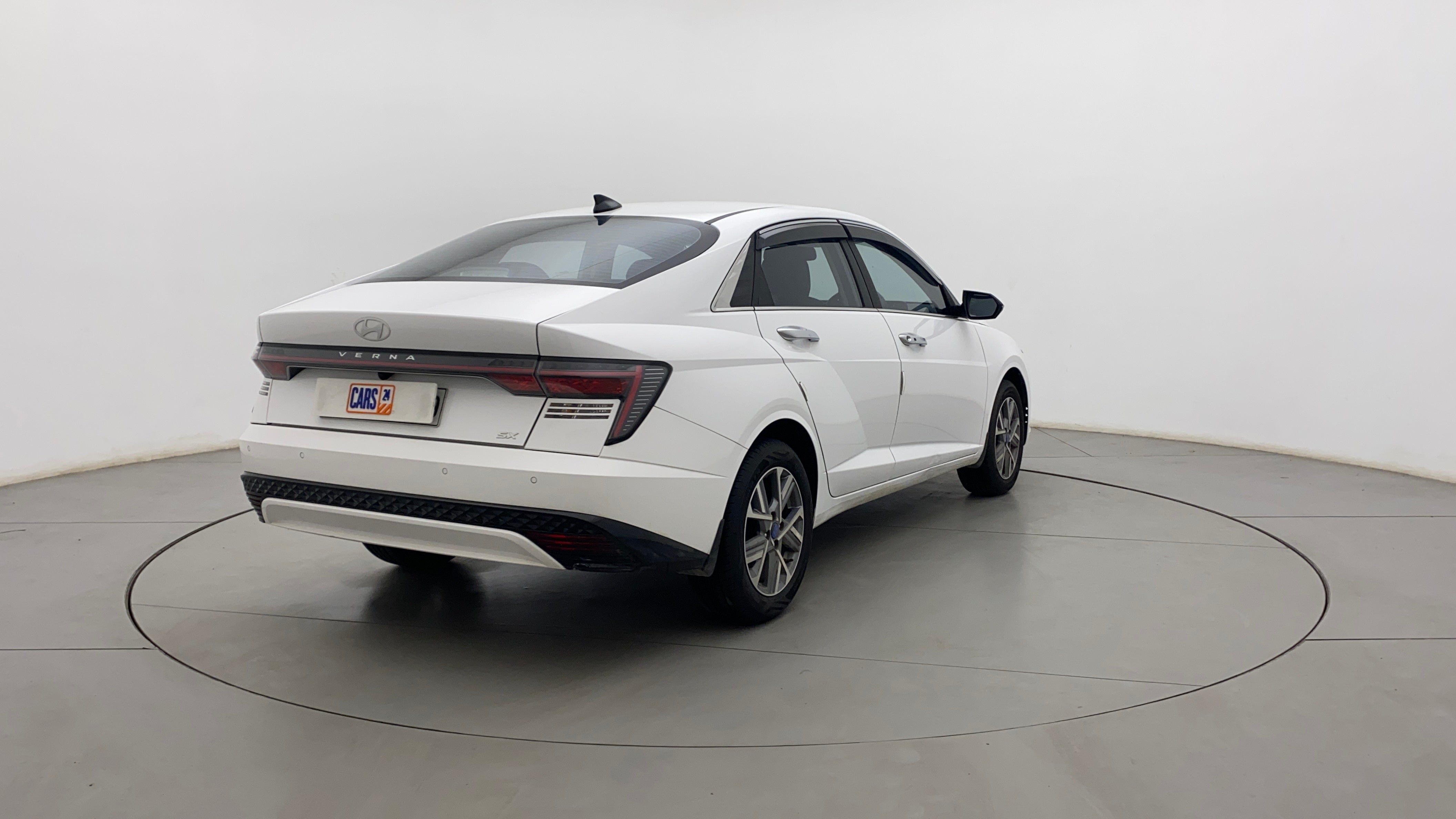 Rear three-quarter view of a Hyundai Verna