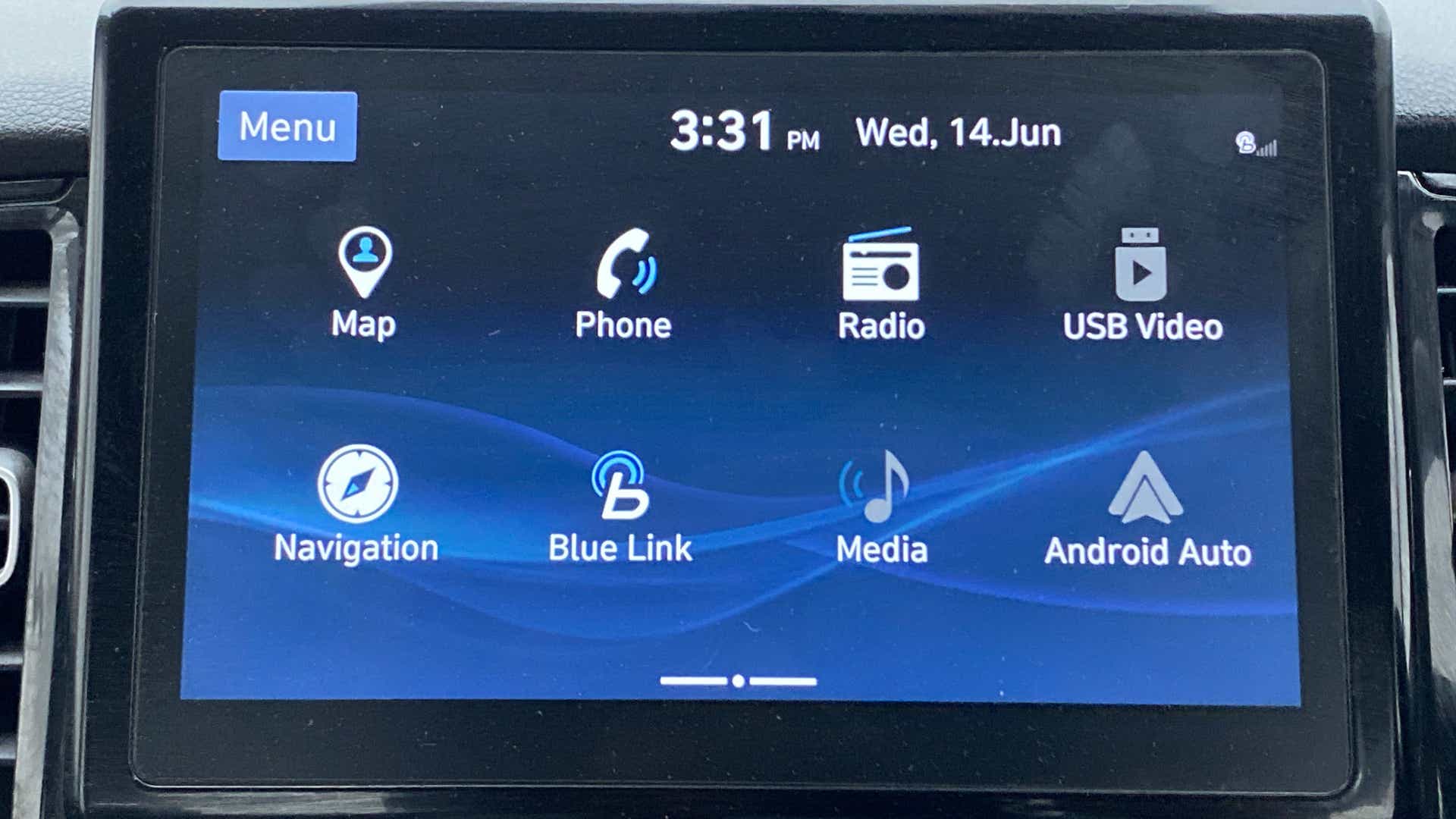 Infotainment screen menu of a Hyundai Verna