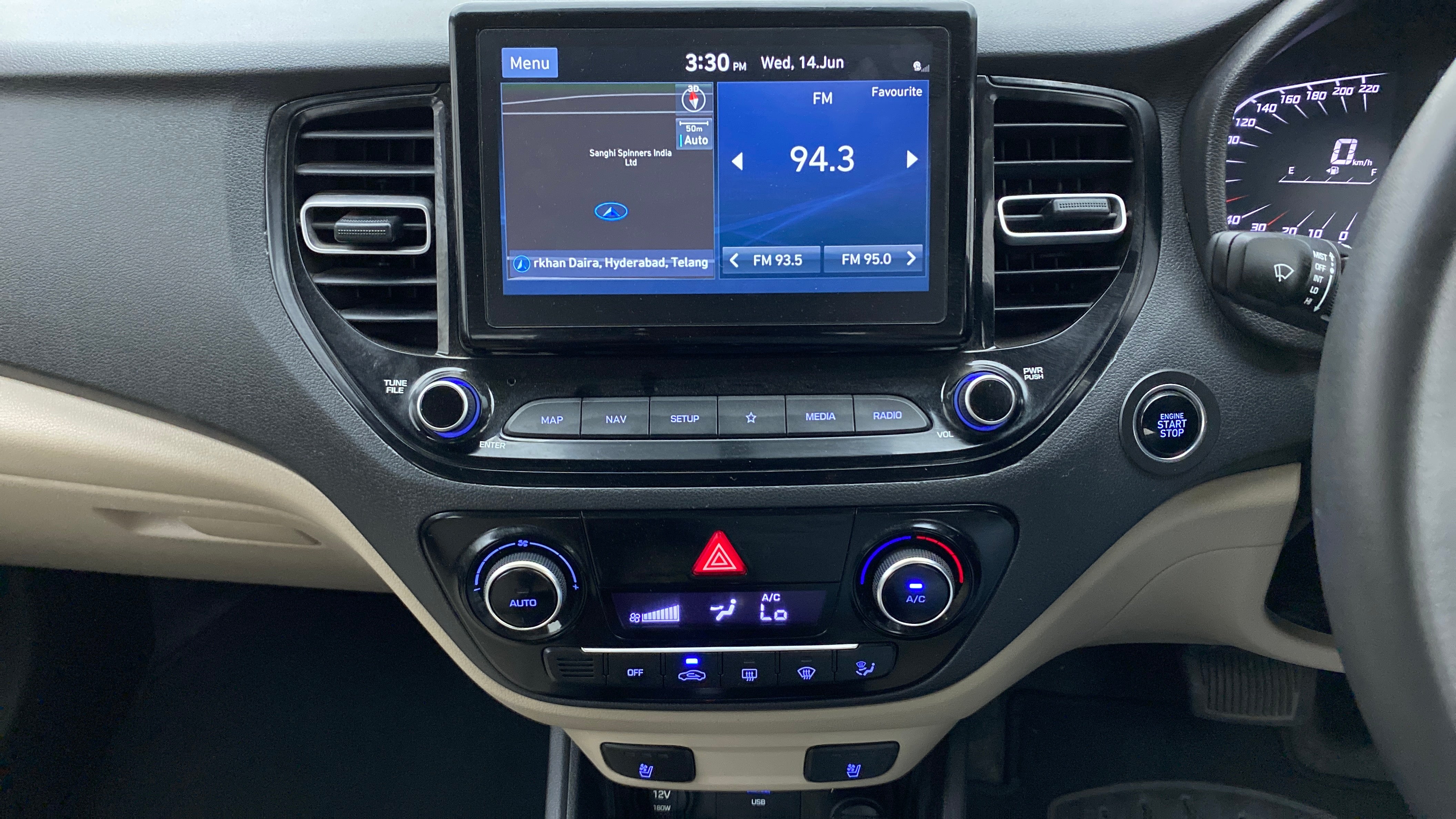 Central dashboard view of a Hyundai Verna