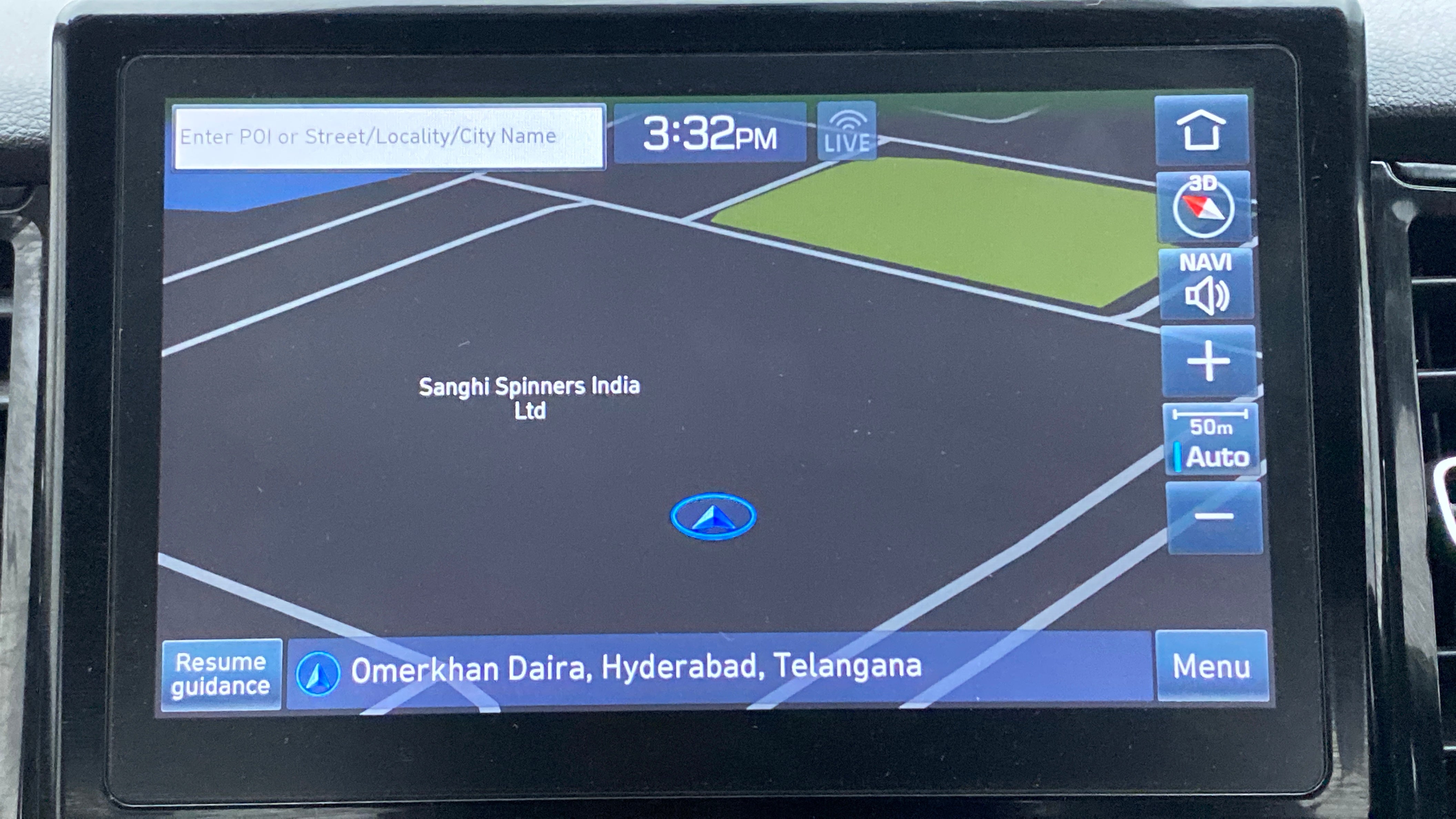 Dashboard navigation screen of a Hyundai Verna in Hyderabad