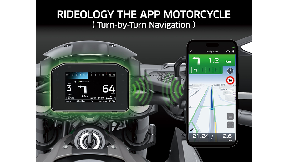 Instrument cluster and smartphone navigation display of a metallic matte graphenesteel gray Kawasaki Z900 2026