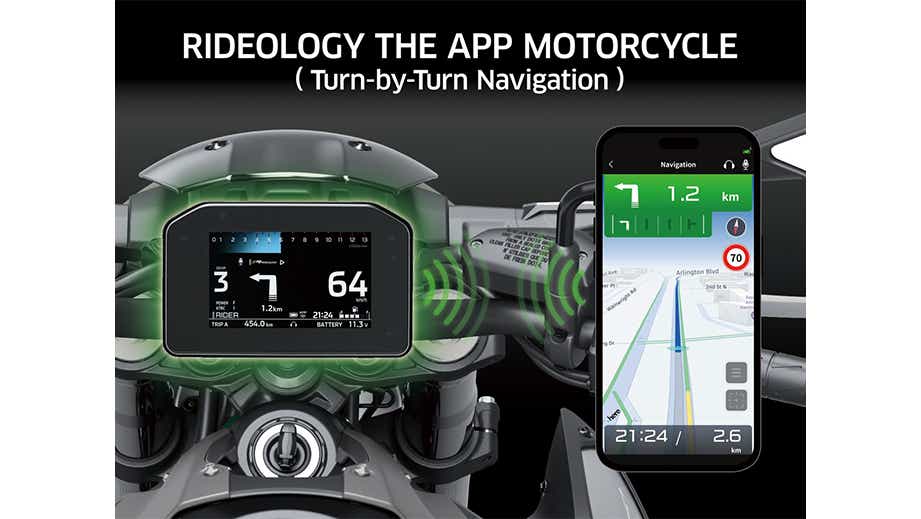 Instrument cluster and smartphone navigation display of a metallic matte graphenesteel gray Kawasaki Z900 2026