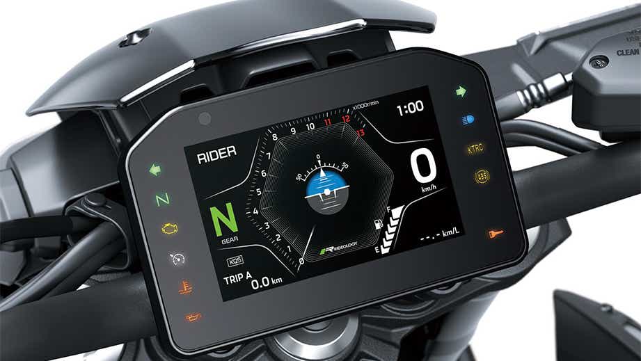 Instrument cluster close-up of a Kawasaki Z900 2026