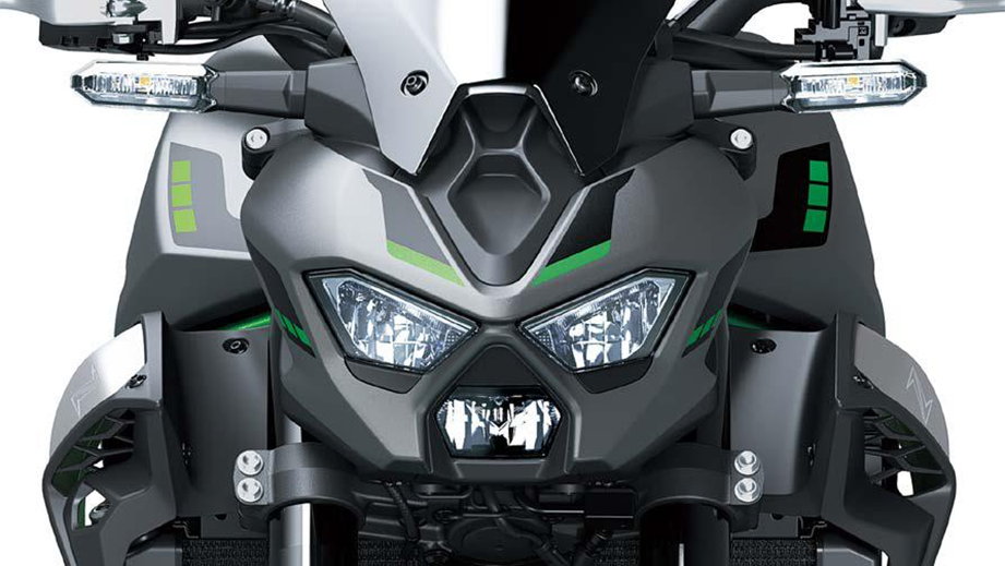 Front headlight view of a metallic-matte-graphenesteel-gray Kawasaki Z900 2026