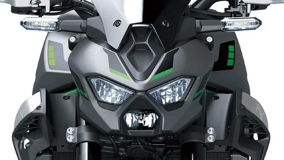 Front headlight view of a metallic-matte-graphenesteel-gray Kawasaki Z900 2026