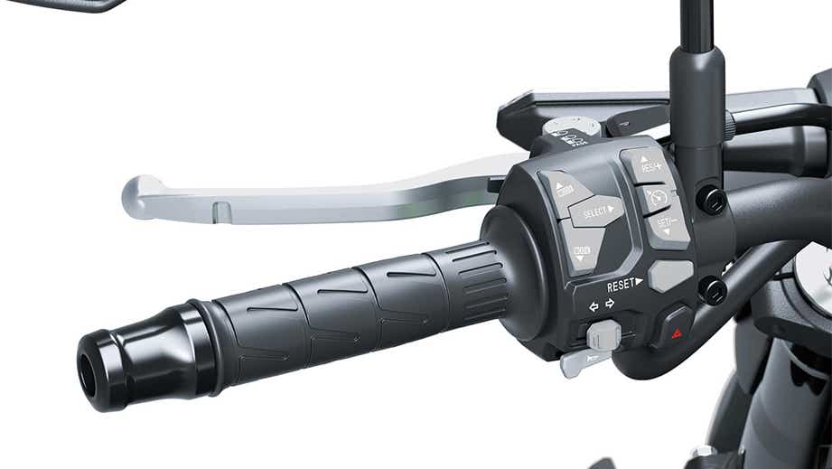 Handlebar controls close-up of a Kawasaki Z900 2026