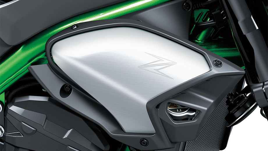 Side panel close-up of a candy lime green Kawasaki Z900 2026