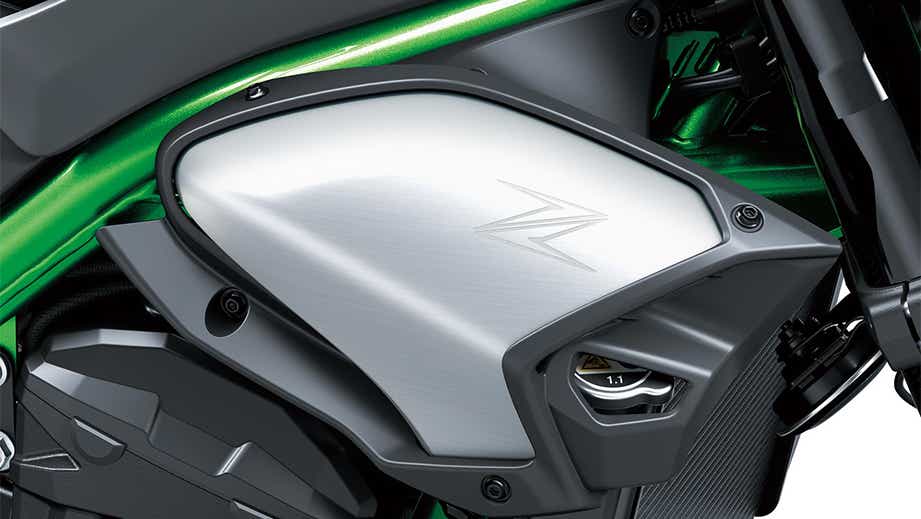 Side panel close-up of a candy lime green Kawasaki Z900 2026