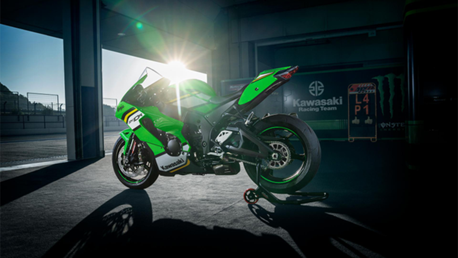 Rear three-quarter view of a lime green Kawasaki Ninja ZX-10R 2026