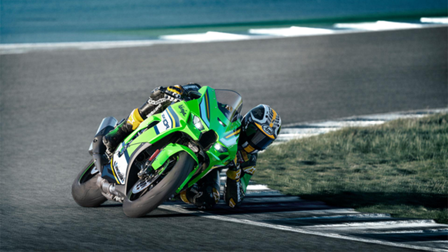 Track action view of a Lime Green Kawasaki Ninja ZX-10R 2026