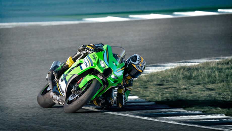 Track action view of a Lime Green Kawasaki Ninja ZX-10R 2026