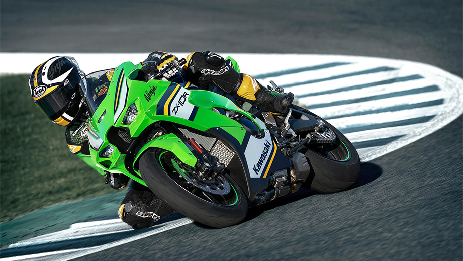 Side view of a lime green Kawasaki Ninja ZX-10R 2026 on a race track