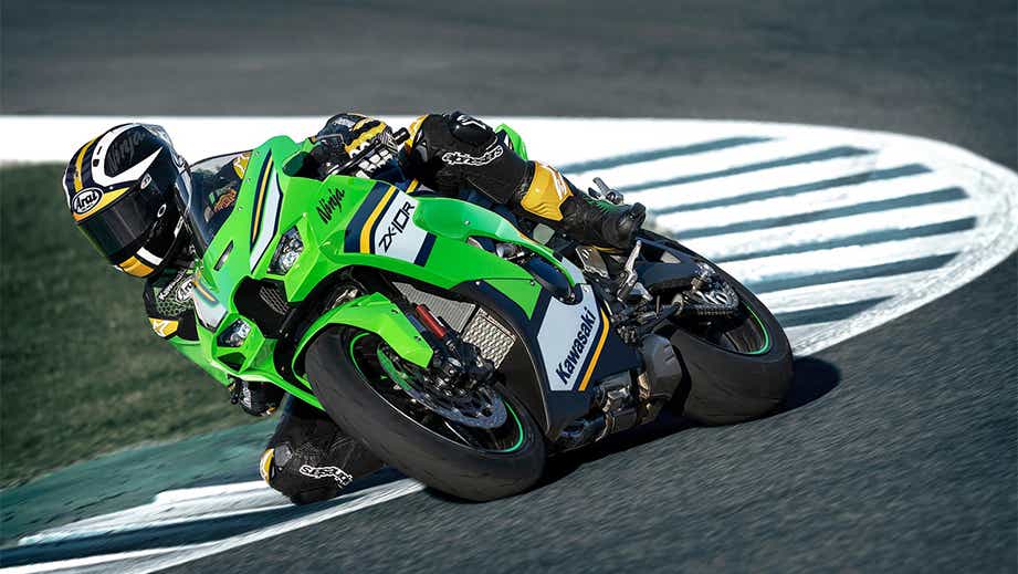 Side view of a lime green Kawasaki Ninja ZX-10R 2026 on a race track