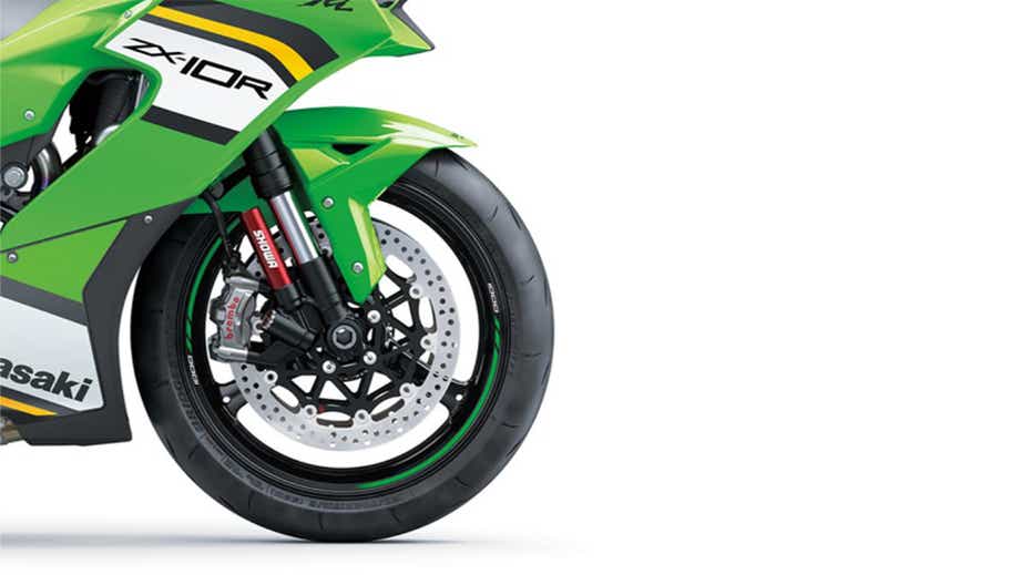 Front wheel and suspension close-up of a Lime Green Kawasaki Ninja ZX-10R 2026