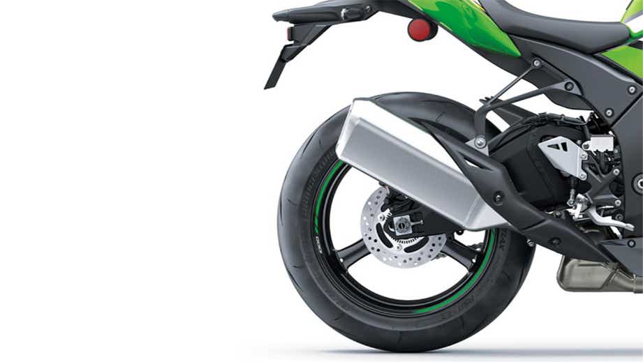 Rear wheel and exhaust view of a lime green Kawasaki Ninja ZX-10R 2026