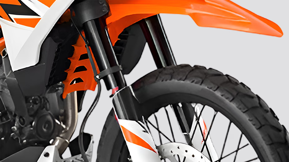 Front wheel and fender view of KTM 390 Adventure R