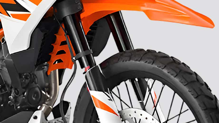 Front wheel and fender view of KTM 390 Adventure R