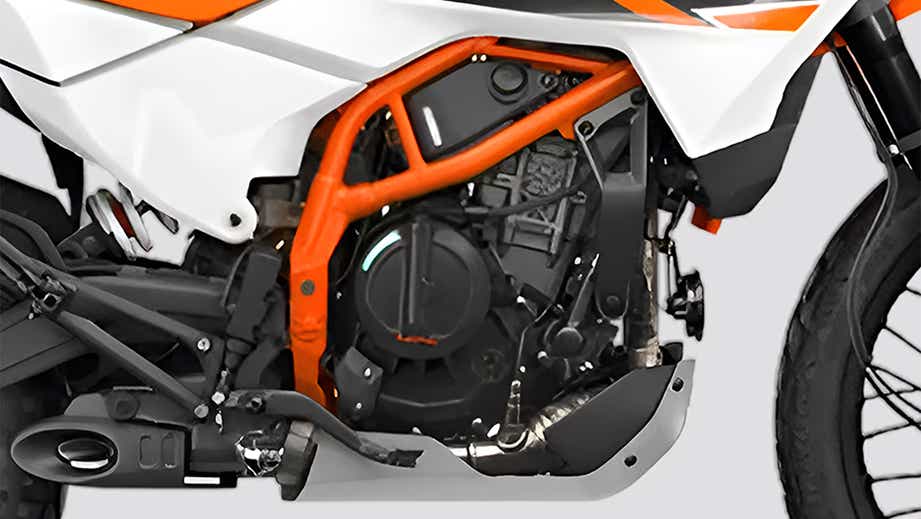 Engine and frame close-up of KTM 390 Adventure R