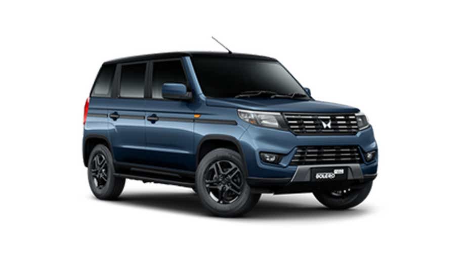 Front three-quarter view of a Jeans Blue Mahindra Bolero Neo