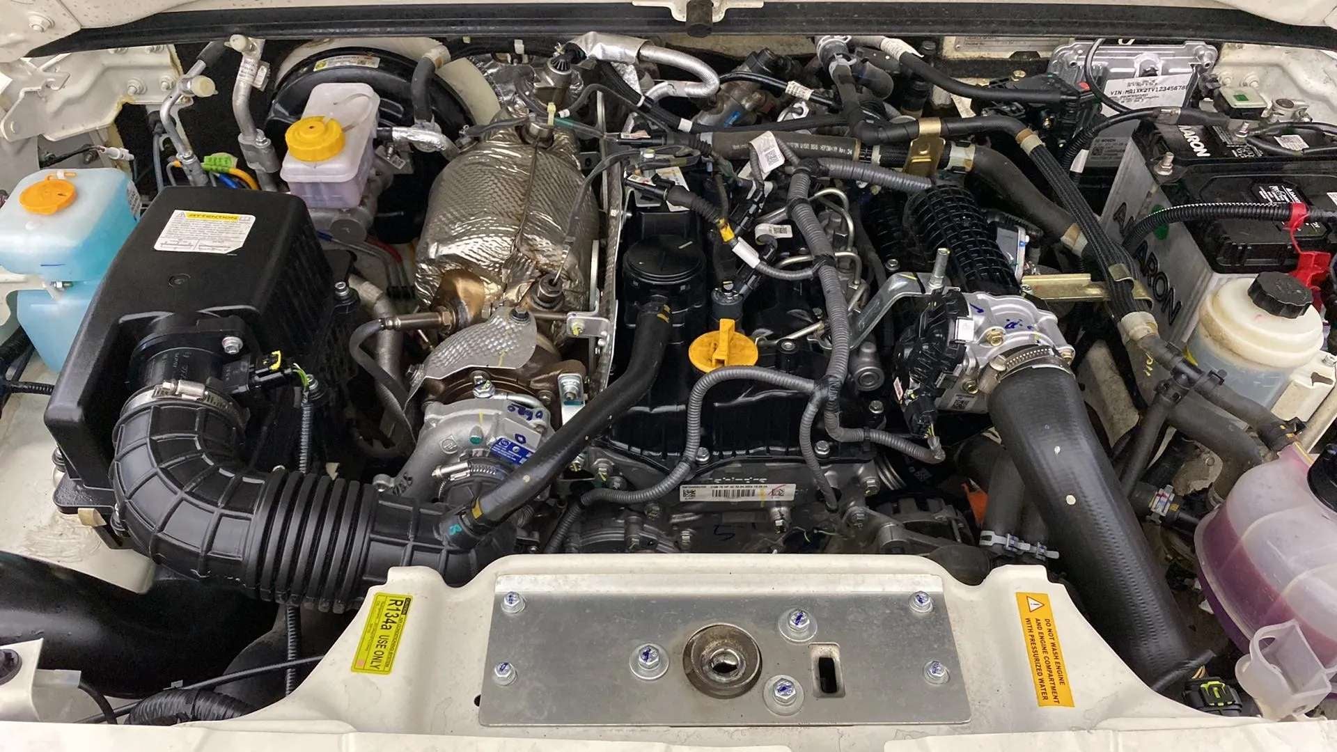 Engine bay of a Mahindra Bolero