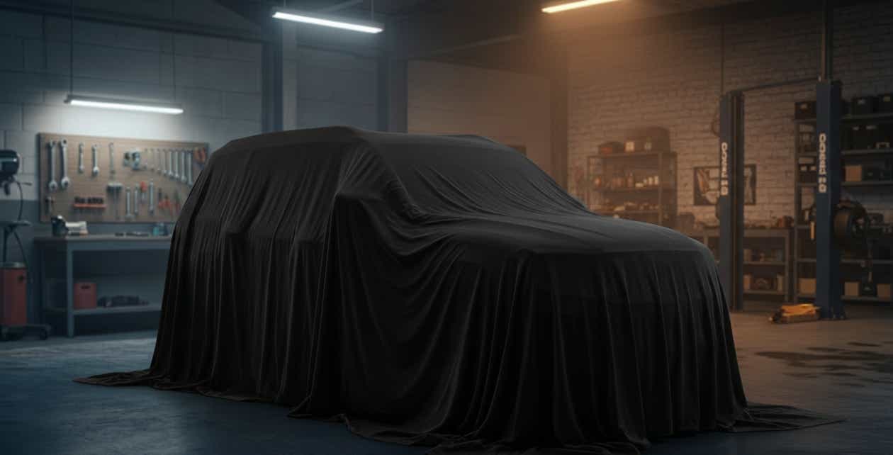 Covered car in a workshop of a Mahindra Scorpio-N Facelift