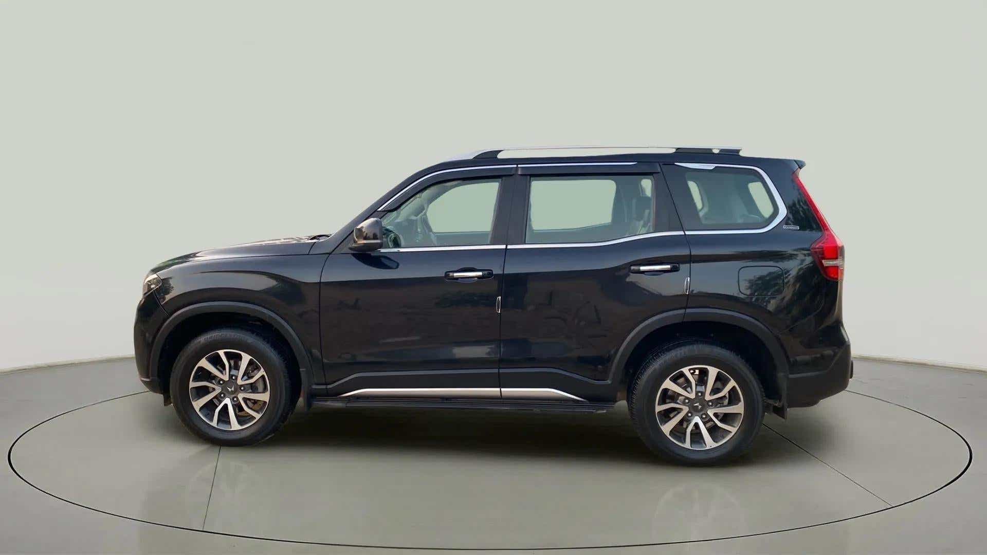 Side view of a deep forest Mahindra Scorpio-N
