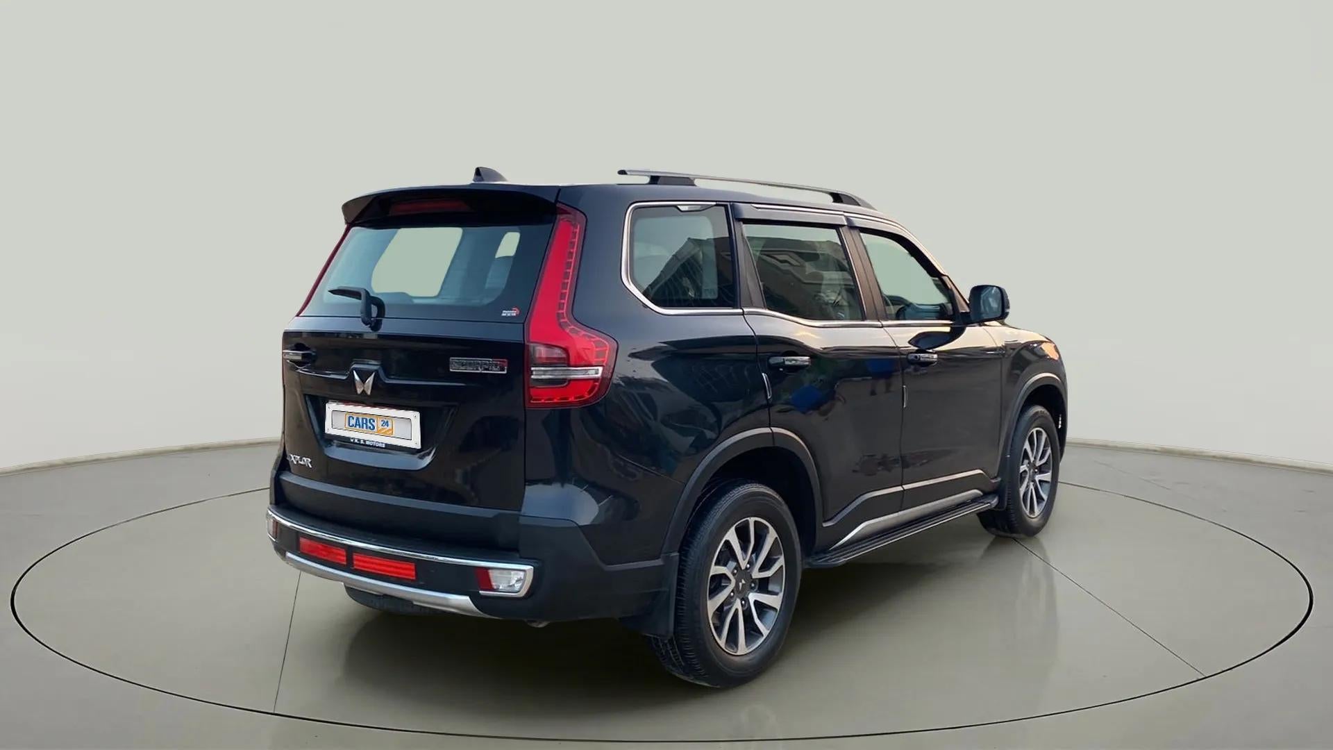 Rear three-quarter of a Deep Forest Mahindra Scorpio-N