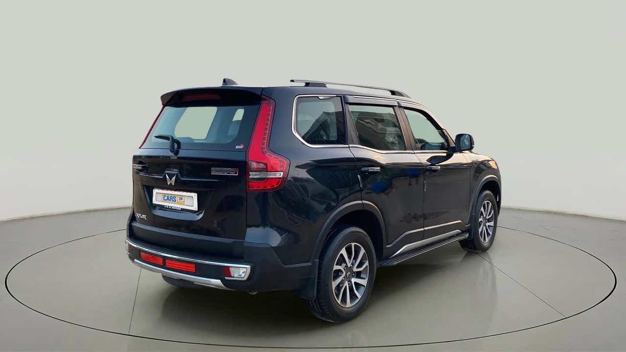 Rear three-quarter of a Deep Forest Mahindra Scorpio-N